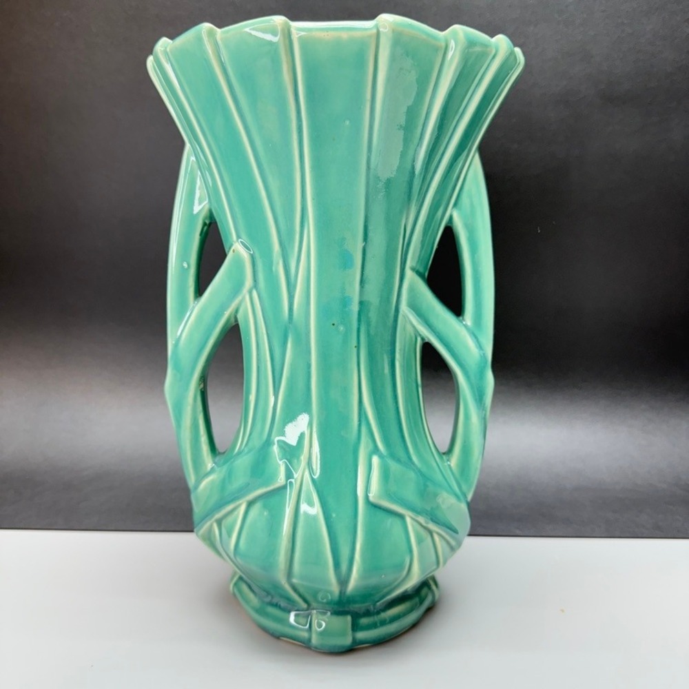 Vintage McCoy Ribbon Vase Art Deco Strap Teal Green 1940s MCM READ